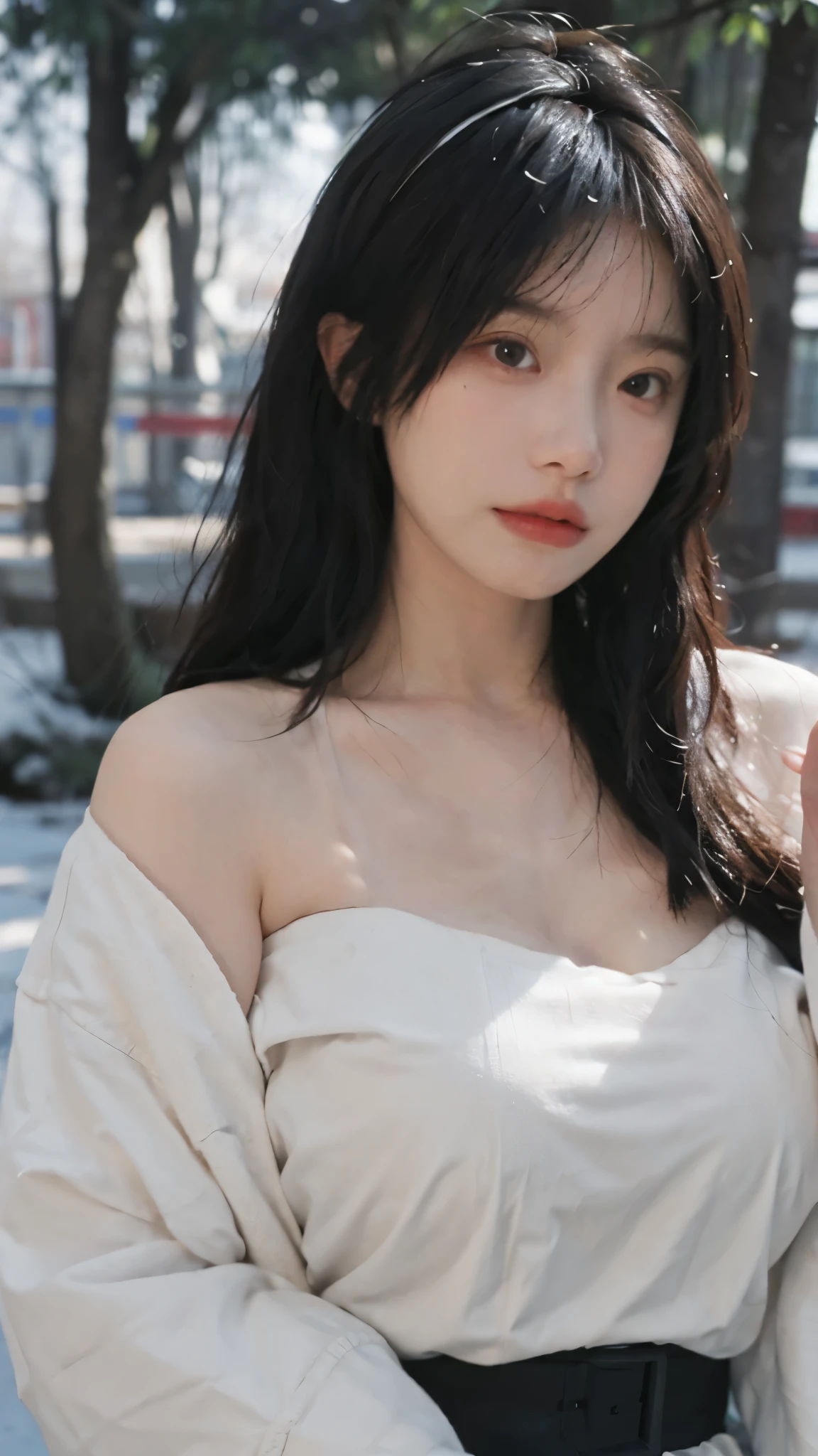 Portrait photography,1 girl,Snow Scene,Snowing background,Thickened cup strapless outer expansion underwear for women with small chest, gathered, non-slip and large, 6cm front buckle, wrapped chest, flat chest, tube top ,(whole body:1.4),Lipstick,(Big Breasts:1.6),Headband,serene,calm,(Realistic and detailed eyes,Natural skin texture,Realistic facial details),