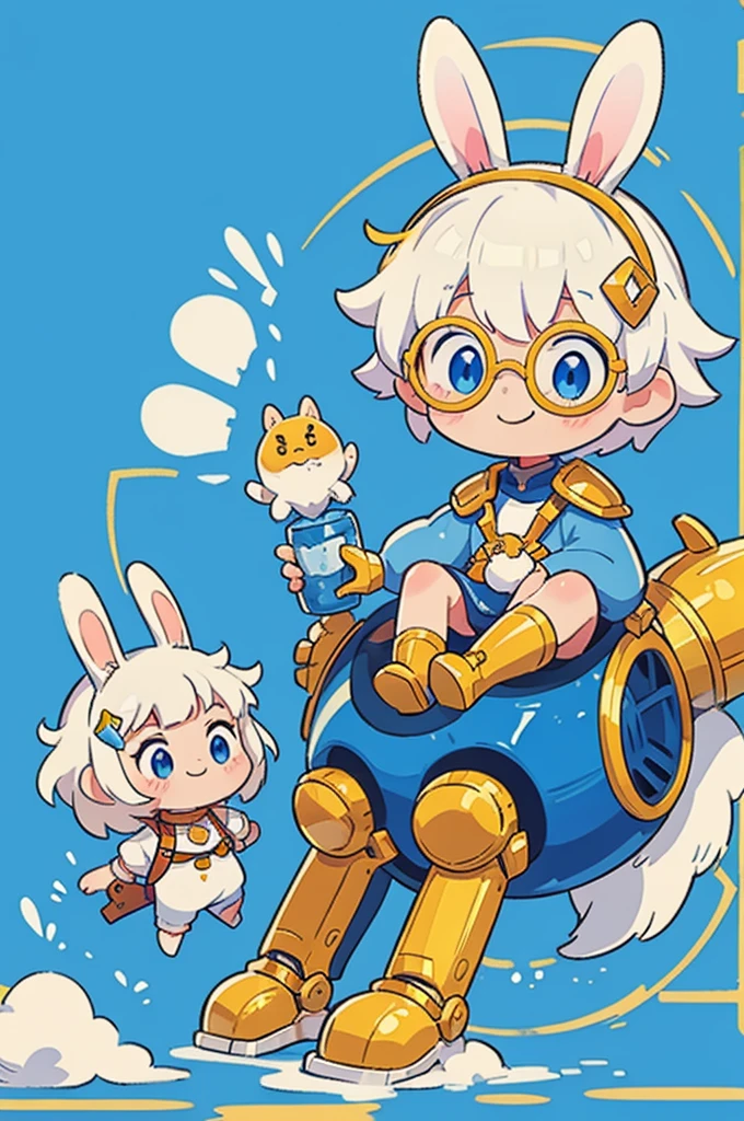A boy with striking white hair、Rabbit ears and tail、Hair accessories、Golden armor、Siamese、Smile、Mechanical blue glasses and clothing、Center the character,Background white