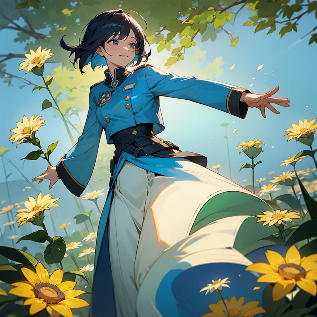 A scene of a kind-hearted woman wearing a blue advocate uniform, surrounded by people who admire and respect her. She stands in the center, radiating warmth and compassion, with a gentle smile on her face. The background features a park with greenery and flowers, adding to the serene and uplifting atmosphere. People of various ages and backgrounds are gathered around her, some offering flowers, others clapping, and a few engaged in conversation with her, showcasing their admiration and gratitude.