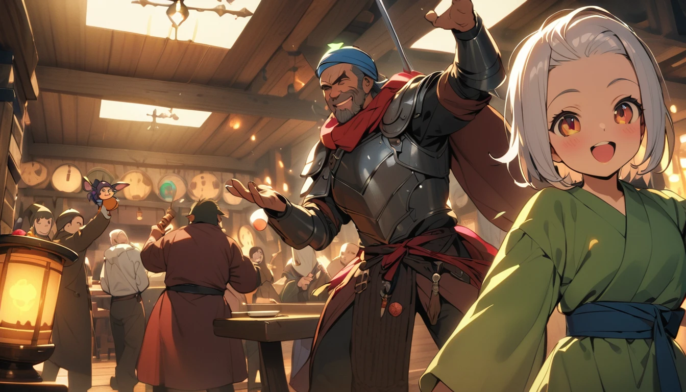 (masterpiece:1.4), (Highest quality:1.4), Very detailed, Complex, Very detailed, shape,Soft lighting, Tavern, More than one personで語り合う, Hopeful Face, smile, More than one person, Mixed gender, a group of adventurers, character from RPG games, (character: human, Fairy, Fairy, Dwarf, The Hobbit), (exterior: Swordsman Style, Shaman Style, Monk Style, Magician style), (belongings: Long sword, dagger, Holy Staff, Magic wand, shield, metal armor, Leather Armor), Perfectly accurate anatomical shape、All limbs intact、Perfect full finger, Colorful characters, Drinking alcohol and getting drunk, Dancing drunk，Huge, Majestic, Uplifting expressions, みんなのsmileが素晴らしい.