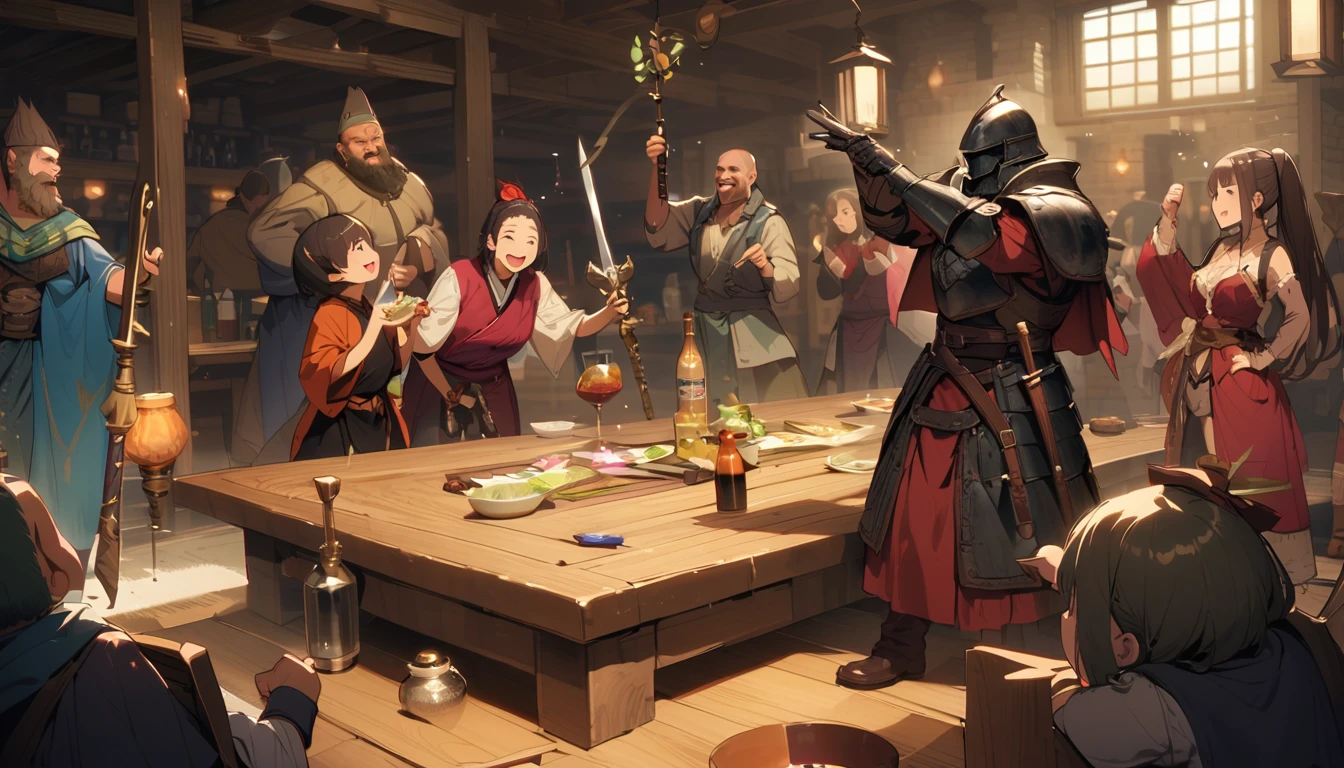 (masterpiece:1.4), (Highest quality:1.4), Very detailed, Complex, Very detailed, shape,Soft lighting, Tavern, More than one personで語り合う, Hopeful Face, smile, More than one person, Mixed gender, a group of adventurers, character from RPG games, (character: human, Fairy, Fairy, Dwarf, The Hobbit), (exterior: Swordsman Style, Shaman Style, Monk Style, Magician style), (belongings: Long sword, dagger, Holy Staff, Magic wand, shield, metal armor, Leather Armor), Perfectly accurate anatomical shape、All limbs intact、Perfect full finger, Colorful characters, Drinking alcohol and getting drunk, Dancing drunk，Huge, Majestic, Uplifting expressions, みんなのsmileが素晴らしい.