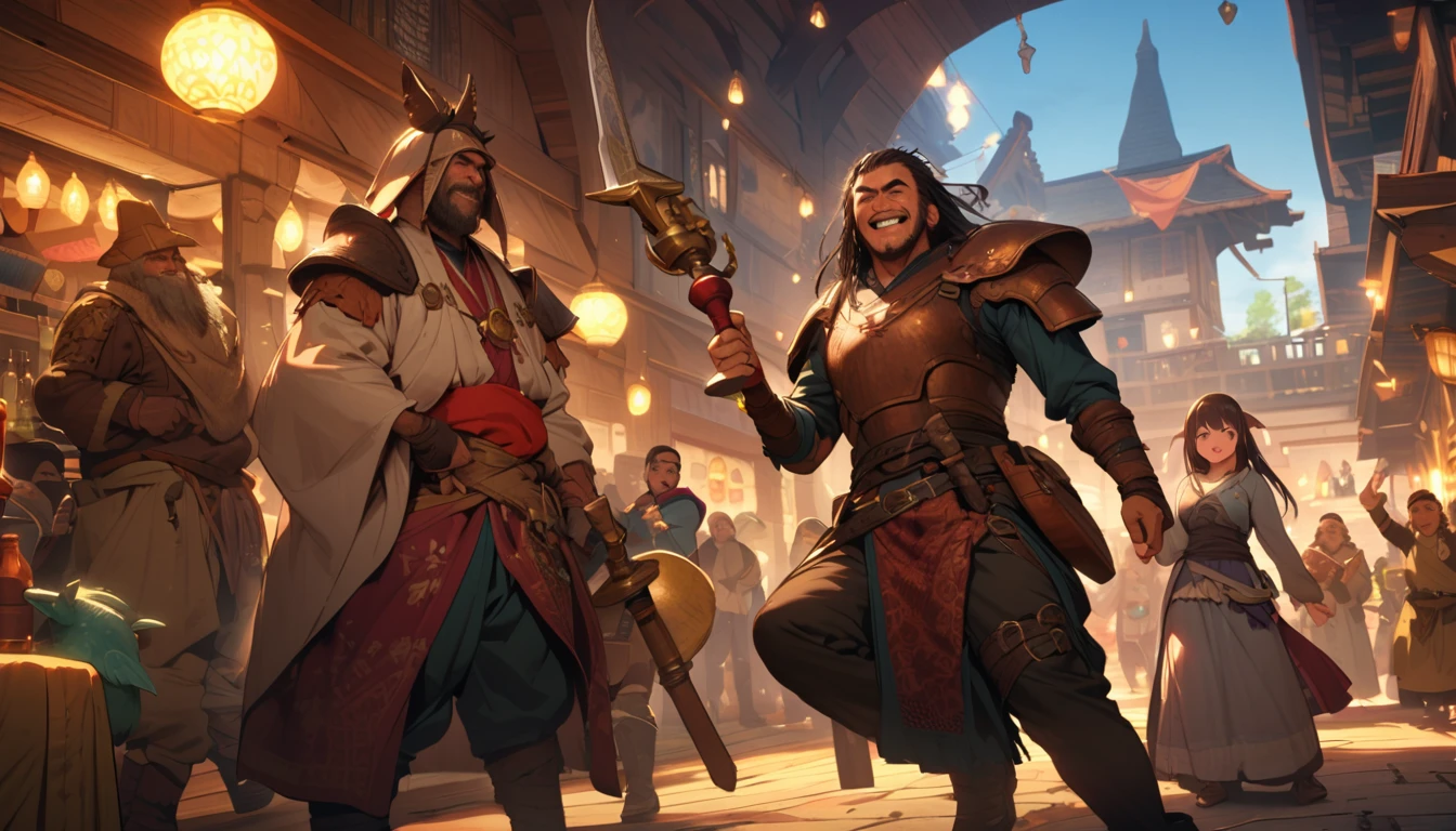 (masterpiece:1.4), (Highest quality:1.4), Very detailed, Complex, Very detailed, shape,Soft lighting, Tavern, More than one personで語り合う, Hopeful Face, smile, More than one person, Mixed gender, a group of adventurers, character from RPG games, (character: human, Fairy, Fairy, Dwarf, The Hobbit), (exterior: Swordsman Style, Shaman Style, Monk Style, Magician style), (belongings: Long sword, dagger, Holy Staff, Magic wand, shield, metal armor, Leather Armor), Perfectly accurate anatomical shape、All limbs intact、Perfect full finger, Colorful characters, Drinking alcohol and getting drunk, Dancing drunk,Huge, Majestic, Uplifting expressions, みんなのsmileが素晴らしい.