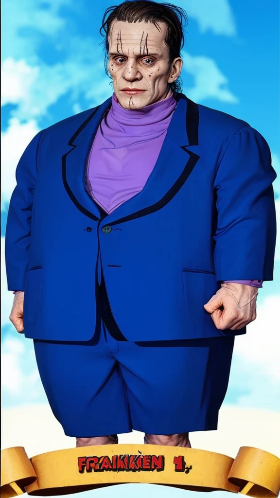 frankenstein in a blue suit -2 scar on his face- round face - full hd hyperrealistic image