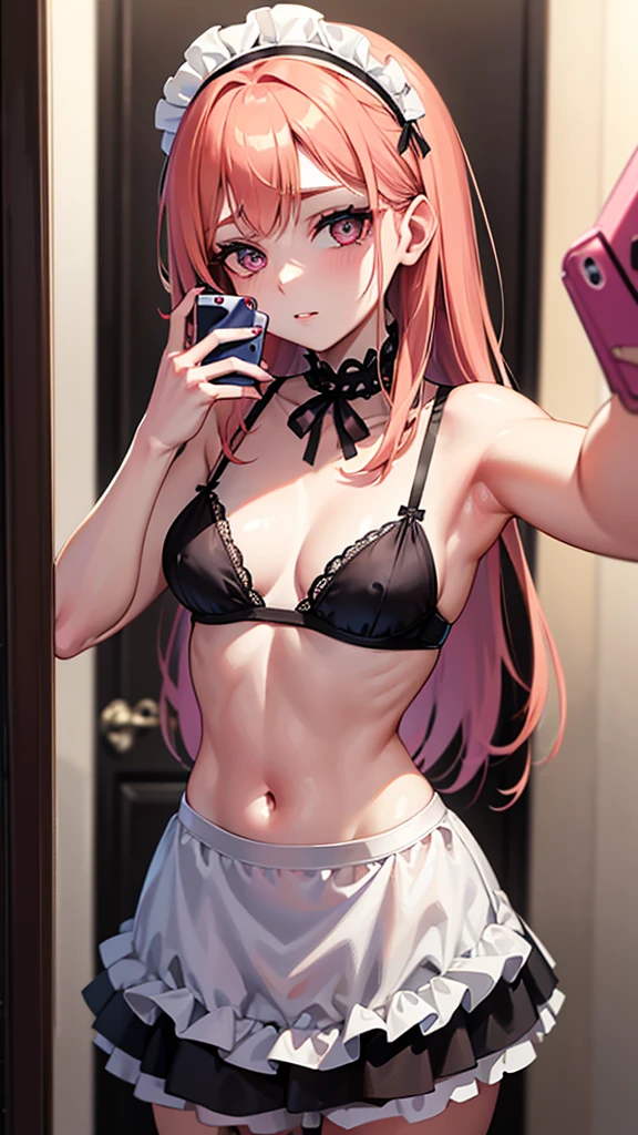 mejor calidad, obra maestra, 1 chica, (solo:1.1), trazado de rayos, ultra detallado,cara detallada, fondo de pantalla 8k, there is a woman in a lingerie taking a selfie in the bathroom, amouranth, young beautiful amouranth, better known as amouranth, pale fair skin!!, in a black betch bra, lacey, maid outfit, tiny black bra, , gorgeous maid, pale goth beauty, with pale skin, very pale