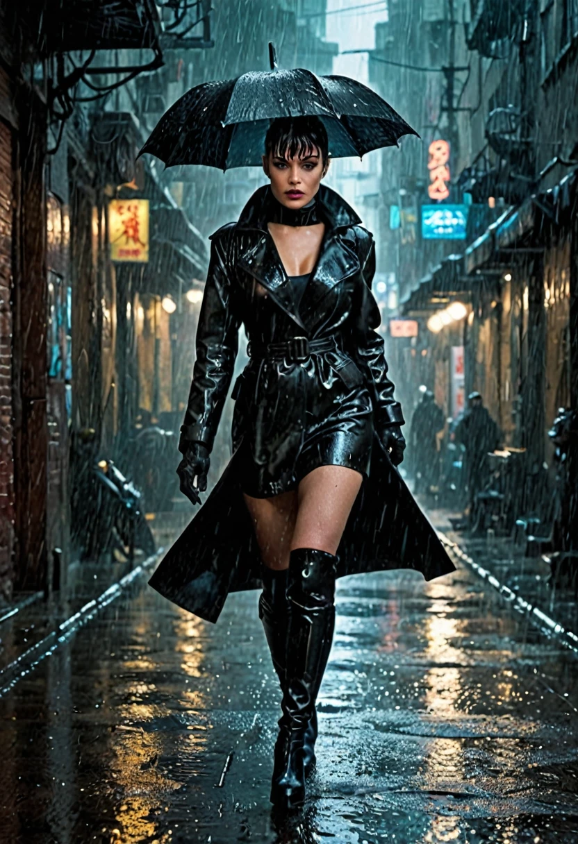 in wetsuit and coat walking in the rain., Bladerunner in the rain, from the movie Bladerunner, Bladerunner style, cyberpunk femme fatale, Blade Runner movie style, Kylie Jenner as Catwoman, Bladerunner style, Blade Runner vibes, Blade Runner style, Blade Runner style, by Galen Dara