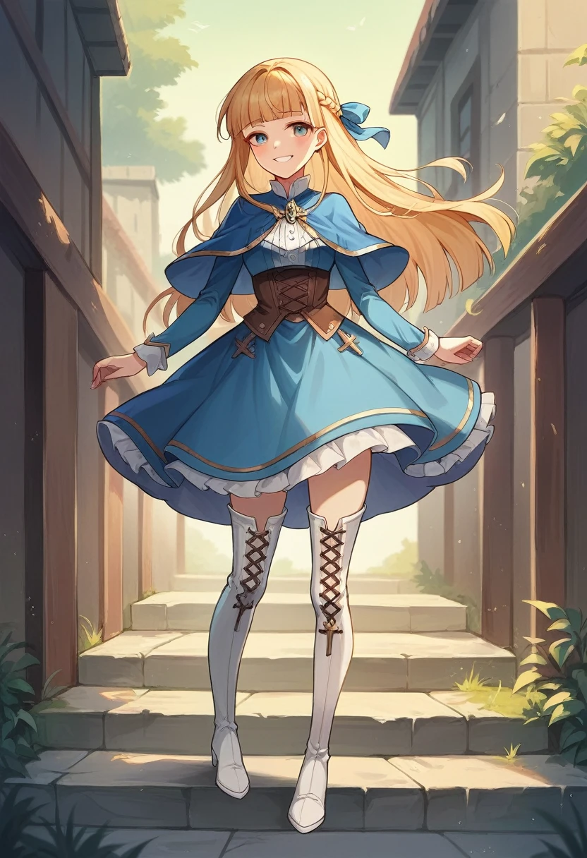masterpiece,best quality,highres,ultra-detailed,lawine,long hair,braid,french braid,blunt bangs,capelet,blue capelet,dress,blue dress,frills,long sleeves,thigh boots,cross-laced footwear,(white footwear:1.2),outdoors,cowboy shot,smile,standing,