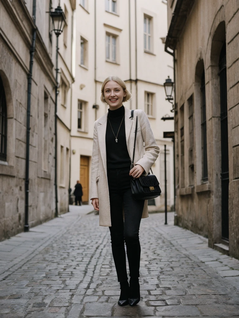 her name is Amelie, high quality, 1girl, ((25-year-old fit Caucasian woman)), ((25 years old)), ((SLIM)), ((Loose Chignon blonde hair)), smiling, pose: standing, wearing Refined Trendsetting Generation-Z modern wear pastel colored, BACKGROUND: "Wandering through the Gothic Quarter, with its narrow medieval streets, hidden squares, and stunning Gothic architecture."