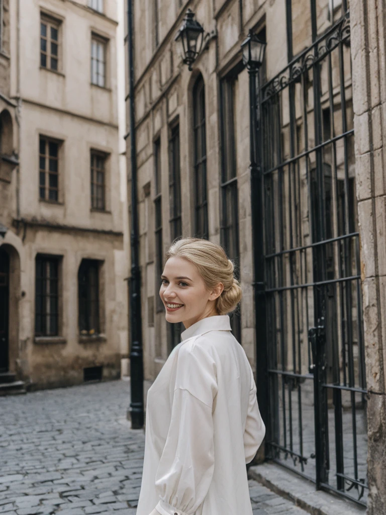 her name is Amelie, high quality, 1girl, ((25-year-old fit Caucasian woman)), ((25 years old)), ((SLIM)), ((Loose Chignon blonde hair)), smiling, pose: standing, wearing Refined Trendsetting Generation-Z modern wear pastel colored, BACKGROUND: "Wandering through the Gothic Quarter, with its narrow medieval streets, hidden squares, and stunning Gothic architecture."