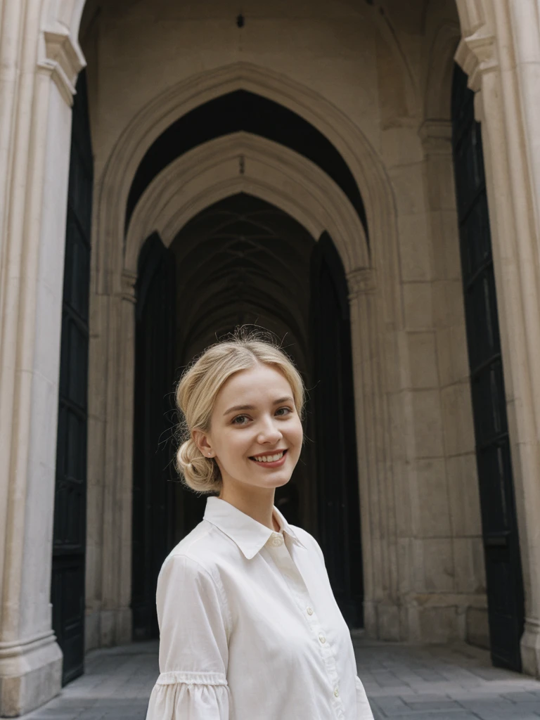 her name is Amelie, high quality, 1girl, ((25-year-old fit Caucasian woman)), ((25 years old)), ((SLIM)), ((Loose Chignon blonde hair)), smiling, pose: standing, wearing Refined Trendsetting Generation-Z modern wear pastel colored, BACKGROUND: "Wandering through the Gothic Quarter, with its narrow medieval streets, hidden squares, and stunning Gothic architecture."