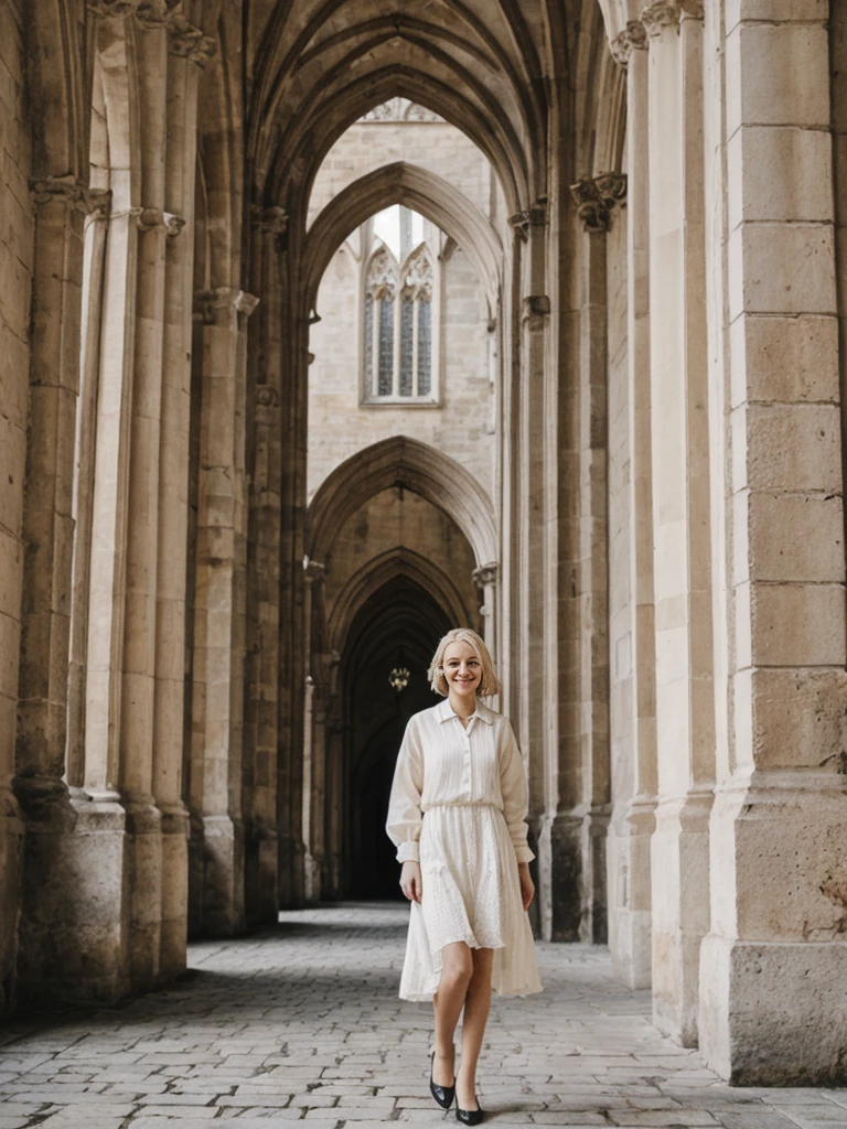 her name is Amelie, high quality, 1girl, ((25-year-old fit Caucasian woman)), ((25 years old)), ((SLIM)), ((Loose Chignon blonde hair)), smiling, pose: standing, wearing Refined Trendsetting Generation-Z modern wear pastel colored, BACKGROUND:   "Wandering through the Gothic Quarter, with its narrow medieval streets, hidden squares, and stunning Gothic architecture."