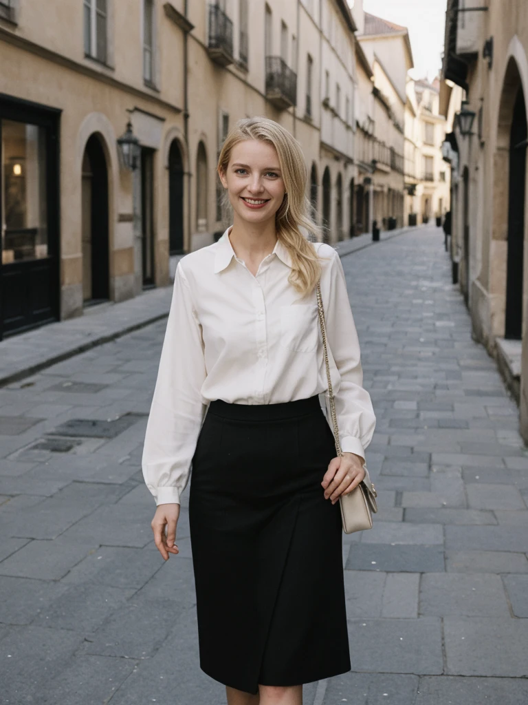 her name is Amelie, high quality, 1girl, ((25-year-old fit Caucasian woman)), ((25 years old)), ((SLIM)), ((Loose Chignon blonde hair)), smiling, pose: standing, wearing Refined Trendsetting Generation-Z modern wear pastel colored, BACKGROUND: "Wandering through the Gothic Quarter, with its narrow medieval streets, hidden squares, and stunning Gothic architecture."