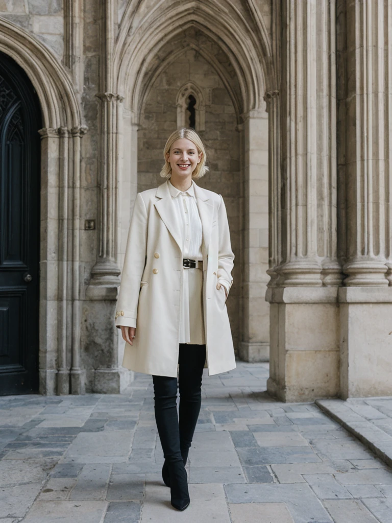 her name is Amelie, high quality, 1girl, ((25-year-old fit Caucasian woman)), ((25 years old)), ((SLIM)), ((Loose Chignon blonde hair)), smiling, pose: standing, wearing Refined Trendsetting Generation-Z modern wear pastel colored, BACKGROUND: "Wandering through the Gothic Quarter, with its narrow medieval streets, hidden squares, and stunning Gothic architecture."