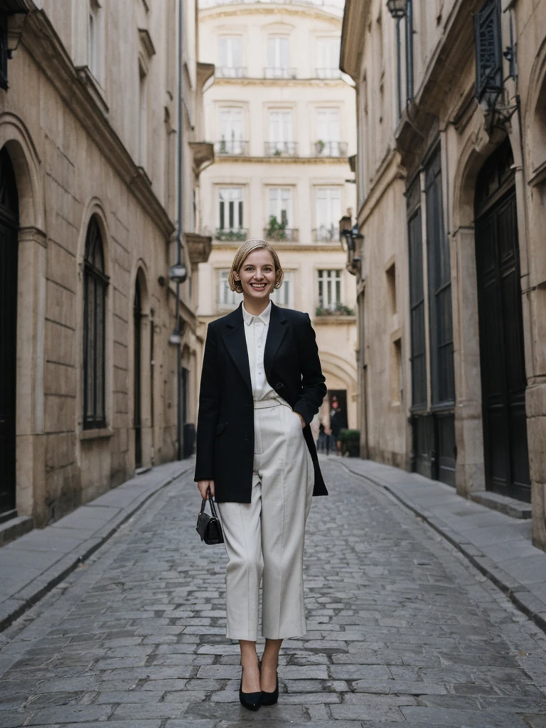 her name is Amelie, high quality, 1girl, ((25-year-old fit Caucasian woman)), ((25 years old)), ((SLIM)), ((Loose Chignon blonde hair)), smiling, pose: standing, wearing Refined Trendsetting Generation-Z modern wear pastel colored, BACKGROUND: "Wandering through the Gothic Quarter, with its narrow medieval streets, hidden squares, and stunning Gothic architecture."