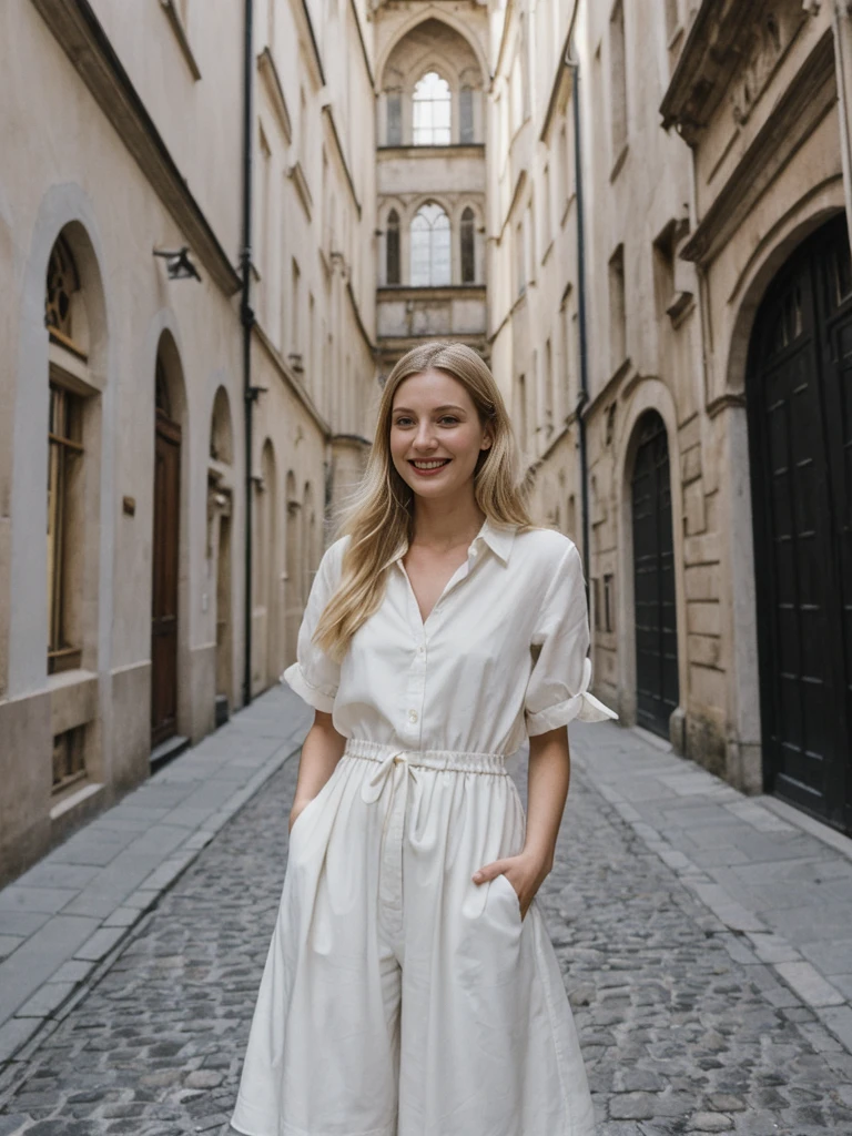 her name is Amelie, high quality, 1girl, ((25-year-old fit Caucasian woman)), ((25 years old)), ((SLIM)), ((Loose Chignon blonde hair)), smiling, pose: standing, wearing Refined Trendsetting Generation-Z modern wear pastel colored, BACKGROUND:   "Wandering through the Gothic Quarter, with its narrow medieval streets, hidden squares, and stunning Gothic architecture."
