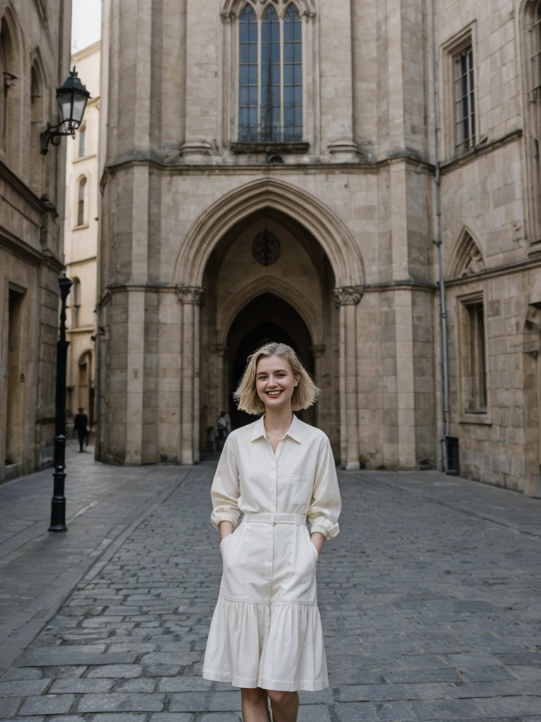her name is Amelie, high quality, 1girl, ((25-year-old fit Caucasian woman)), ((25 years old)), ((SLIM)), ((Loose Chignon blonde hair)), smiling, pose: standing, wearing Refined Trendsetting Generation-Z modern wear pastel colored, BACKGROUND: "Wandering through the Gothic Quarter, with its narrow medieval streets, hidden squares, and stunning Gothic architecture."