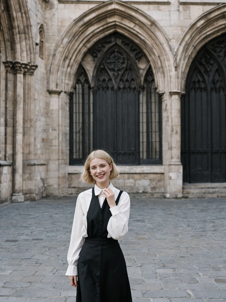 her name is Amelie, high quality, 1girl, ((25-year-old fit Caucasian woman)), ((25 years old)), ((SLIM)), ((Loose Chignon blonde hair)), smiling, pose: standing, wearing Refined Trendsetting Generation-Z modern wear pastel colored, BACKGROUND: "Wandering through the Gothic Quarter, with its narrow medieval streets, hidden squares, and stunning Gothic architecture."