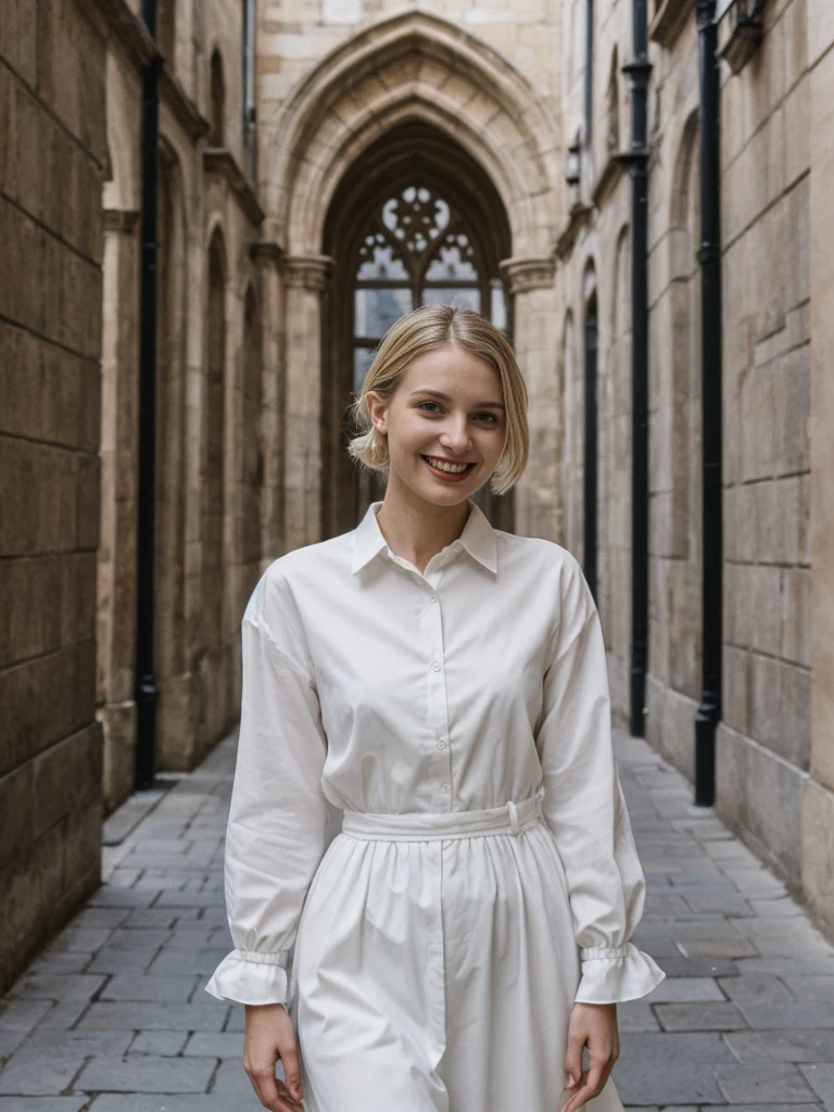 her name is Amelie, high quality, 1girl, ((25-year-old fit Caucasian woman)), ((25 years old)), ((SLIM)), ((Loose Chignon blonde hair)), smiling, pose: standing, wearing Refined Trendsetting Generation-Z modern wear pastel colored, BACKGROUND:   "Wandering through the Gothic Quarter, with its narrow medieval streets, hidden squares, and stunning Gothic architecture."