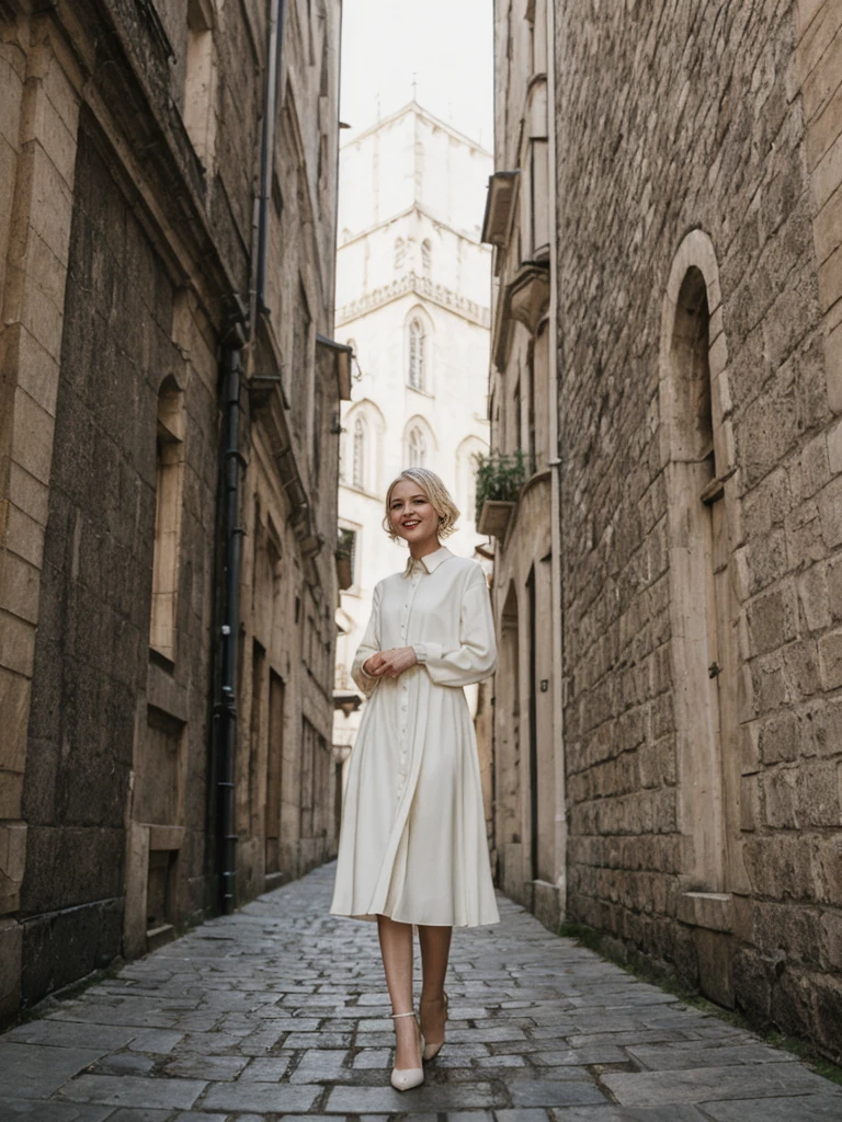 her name is Amelie, high quality, 1girl, ((25-year-old fit Caucasian woman)), ((25 years old)), ((SLIM)), ((Loose Chignon blonde hair)), smiling, pose: standing, wearing Refined Trendsetting Generation-Z modern wear pastel colored, BACKGROUND: "Wandering through the Gothic Quarter, with its narrow medieval streets, hidden squares, and stunning Gothic architecture."