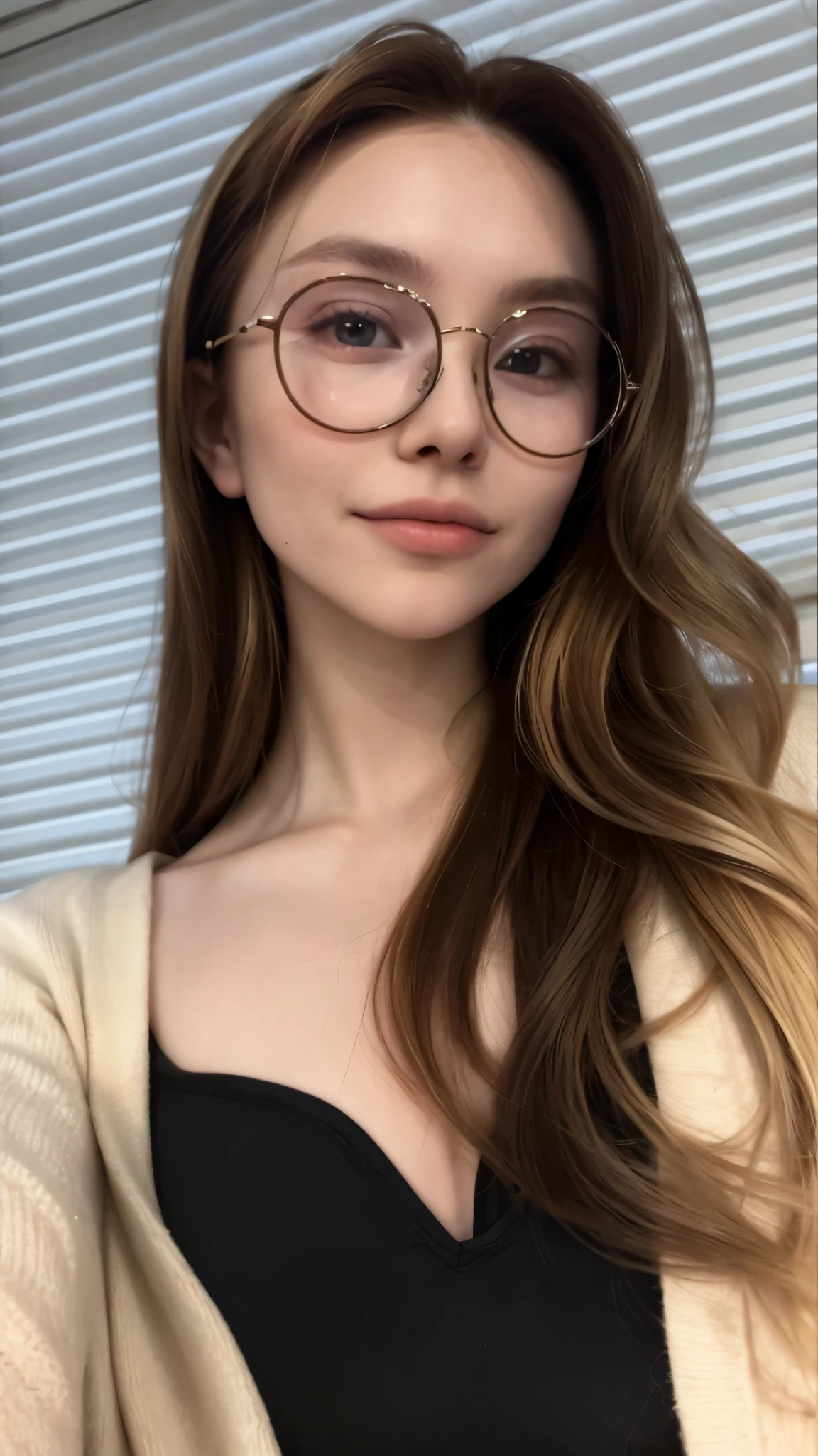 photo of a chestnut with blonde tips with   woman with black rim glasses