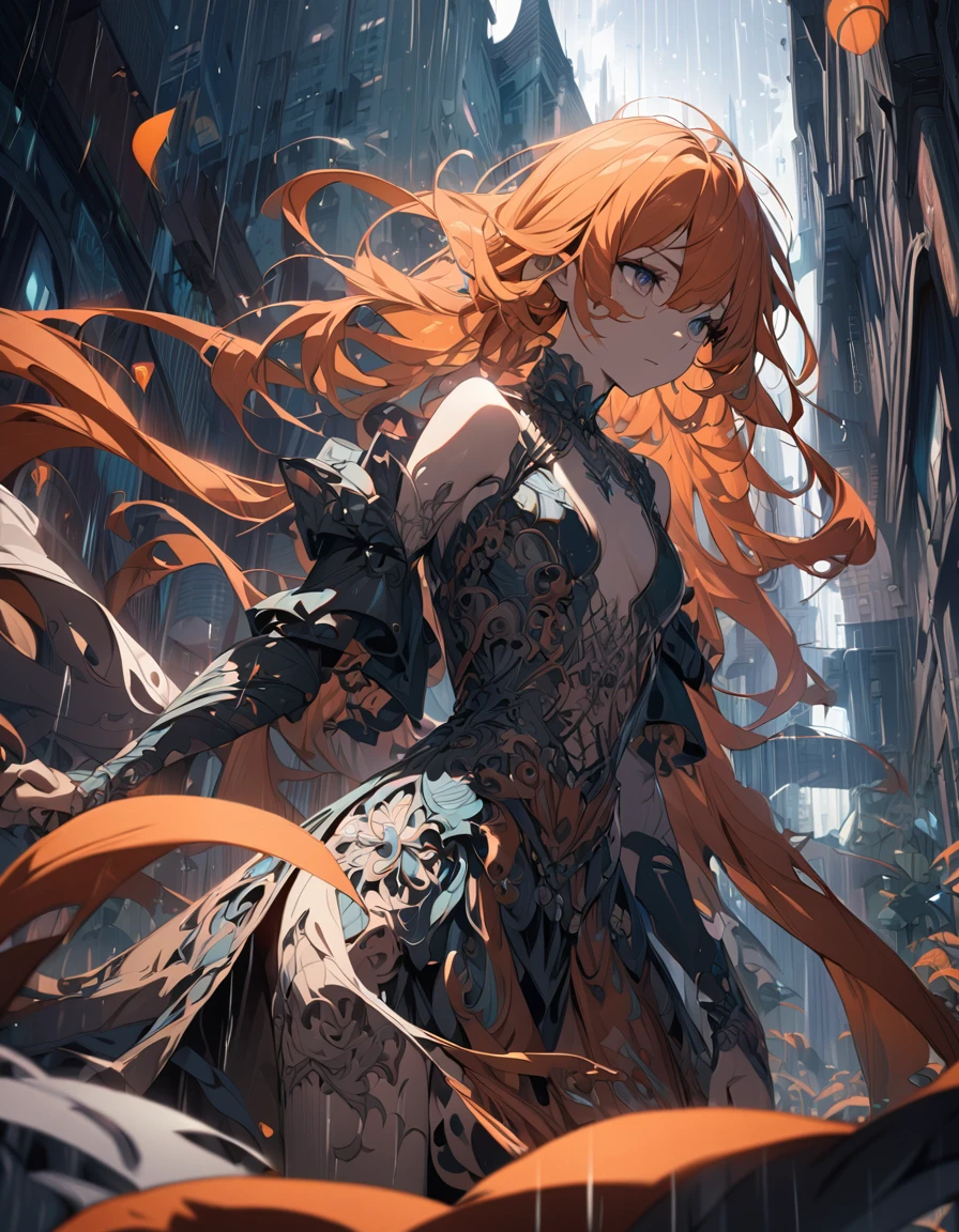 beautiful anime girl, long orange hair, soul being removed from body, highly detailed, intricate details, cinematic lighting, dramatic shadows, subdued colors, surreal, fantasy, masterpiece, rainy background cityscape