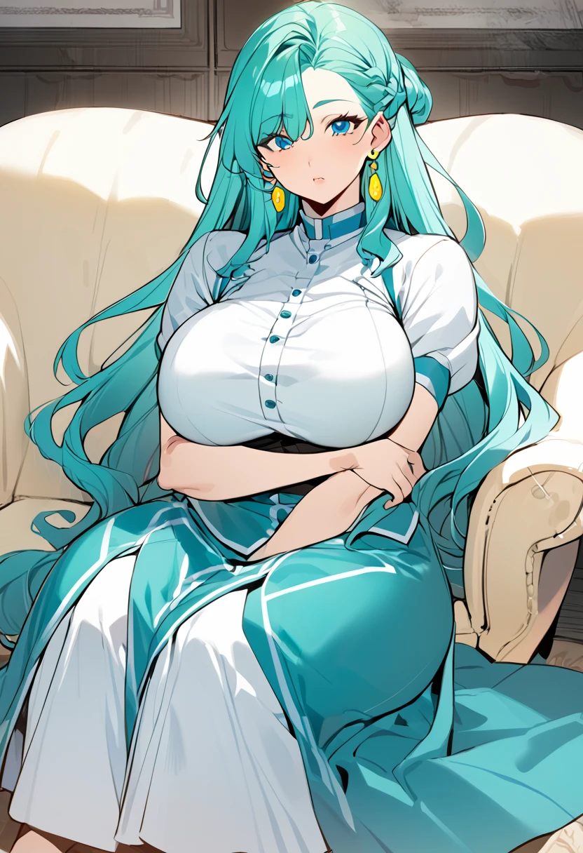 Anime, 1 woman, solo, Melony, melony's hairstyle, Cyan colored long hair, Green Beret, expressive eyes, BLUE eyes, yellow earings, busty, firm plump body, genetics's uniform, Very long skirt, sitting in a sofa with her legs crossed