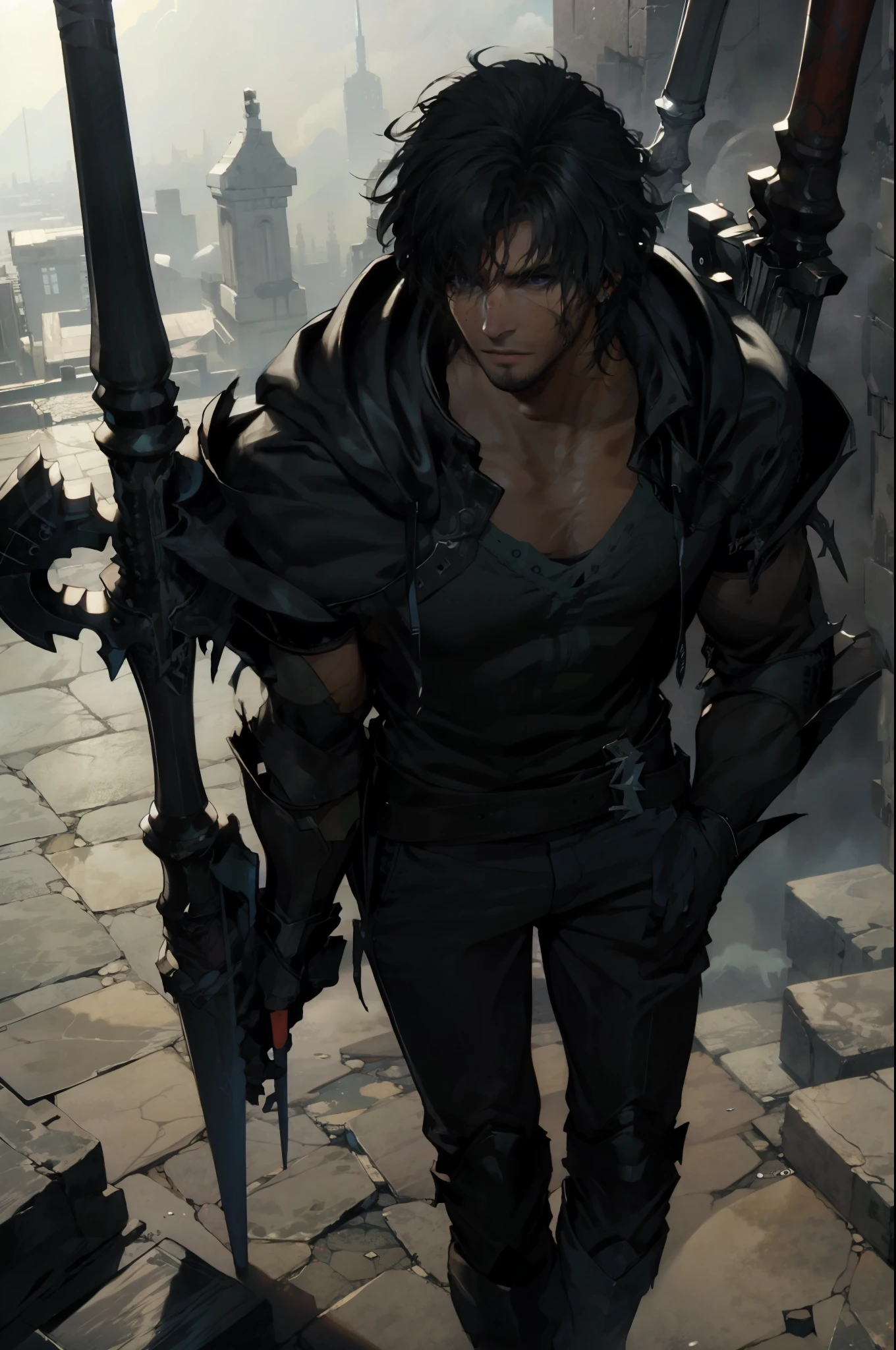 (absurdities, High Resolutions, ultra detailed, HDR), Masterpiece, The best quality, final fantasy xvi, clive rosfield, 1man only, handsome, short hair, black hair, vibrant blue eyes, fine eyes and detailed face, armor, ((Intricate weapon)), Sitting on the throne, legs open, affected smile, annoying. Final Fantasy, clive rosfield,, abs, badass pose, Anime boy on a bed with his hands on his head, Beautiful anime pose, Anime hombre handsome, anime male character, Badass Anime 8K, Detailed anime character art, HDR Anime MacManus Anime Concept, anime boy, Ikuto Yamashita, CG anime soft art, manga wallpaper 4k, inspired by Yamagata Hiro, anime wallaper