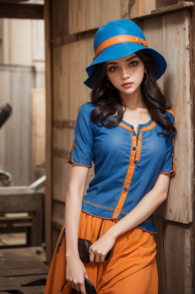 Free fire co. Blue hat with mascara in hand and orange sharigam eye blouse