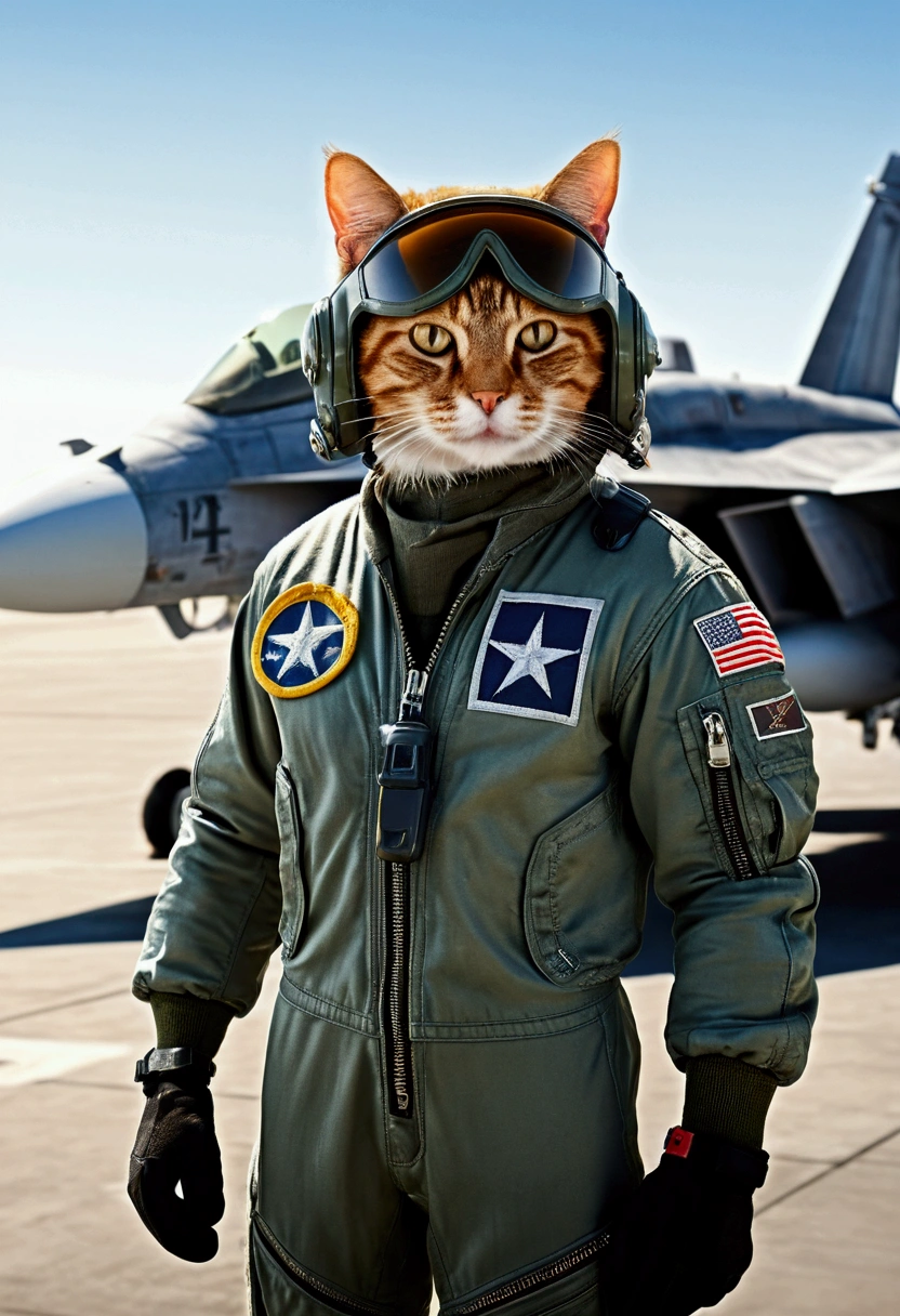 Illustrates a highly realistic scene featuring an elite pilot reminiscent of "Top Gun". The cat is dressed in an authentic flight suit, standing confidently next to an F-18 fighter jet at an active air base. The cat holds a flight helmet under one arm, radiating a sense of preparation and determination. The background must include a dynamic military air base environment with aircraft, hangars and ground crew in action. Emphasizes realistic details such as the texture and design of the flight suit and helmet, and the structural elements of the aircraft. The cat&#39;s expression should convey confidence and concentration, capturing the essence of a top-notch pilot preparing for a critical mission. Key Elements to Include: Single cat pilot with authentic and detailed flight suit. The cat holds a flight helmet under his arm. The F-18 fighter jet is highlighted in the background. Active air base with airplanes, hangars and ground crew busy. Cat expression reflecting confidence and determination. Style: Highly realistic with focus on detailed and authentic elements, evoking the spirit of "Top Gun".