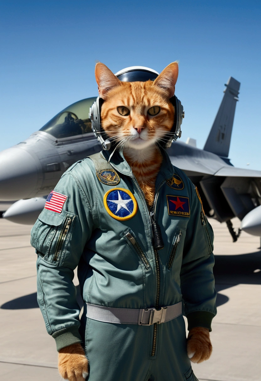 Illustrates a highly realistic scene featuring an elite pilot reminiscent of "Top Gun". The cat is dressed in an authentic flight suit, standing confidently next to an F-18 fighter jet at an active air base. The cat holds a flight helmet under one arm, radiating a sense of preparation and determination. The background must include a dynamic military air base environment with aircraft, hangars and ground crew in action. Emphasizes realistic details such as the texture and design of the flight suit and helmet, and the structural elements of the aircraft. The cat&#39;s expression should convey confidence and concentration, capturing the essence of a top-notch pilot preparing for a critical mission. Key Elements to Include: Single cat pilot with authentic and detailed flight suit. The cat holds a flight helmet under his arm. The F-18 fighter jet is highlighted in the background. Active air base with airplanes, hangars and ground crew busy. Cat expression reflecting confidence and determination. Style: Highly realistic with focus on detailed and authentic elements, evoking the spirit of "Top Gun".