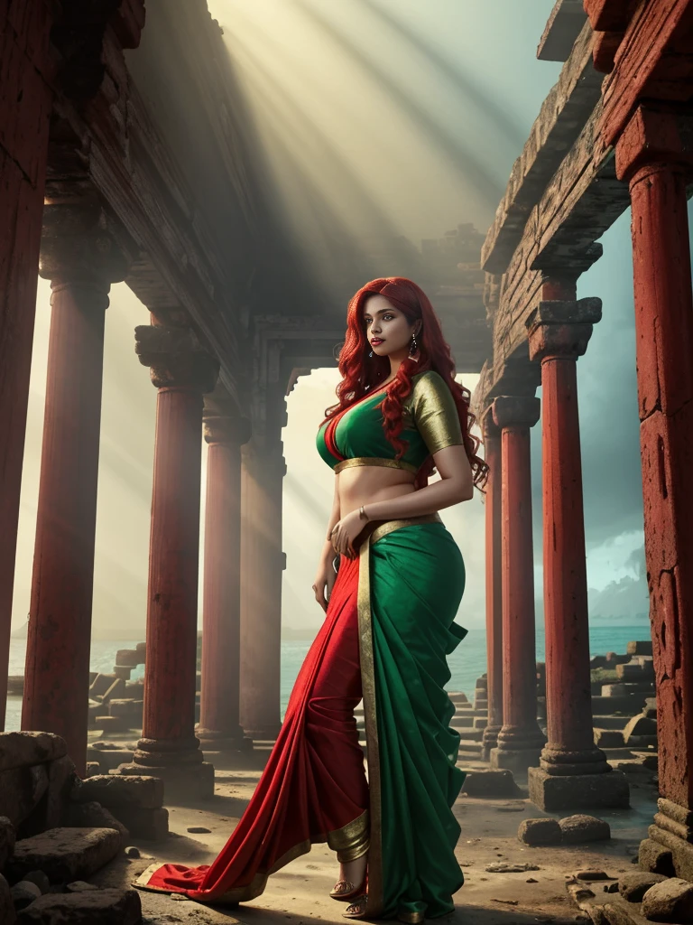 a beautiful woman with a curvy body shape, medium-sized breasts, and long, messy red hair, wearing an ocean green, red, and golden saree, standing in an ancient, dilapidated temple, with a red morning light, realistic, realism, HDR, 8K, high quality, high production value, wide-angle shot