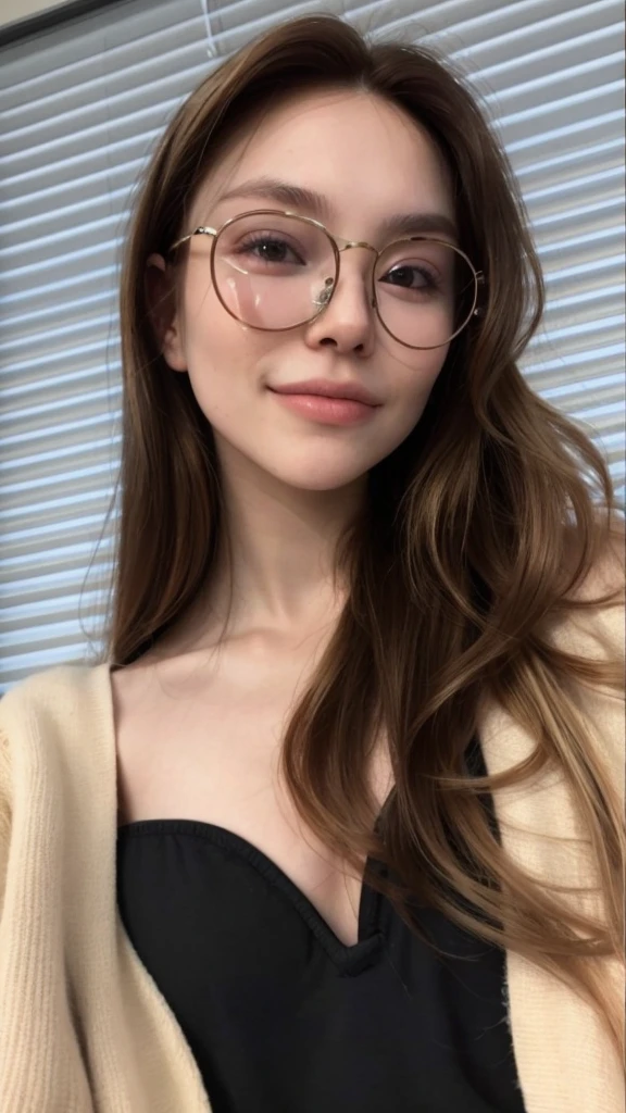 photo of a chestnut with blonde tips with woman with black rim glasses