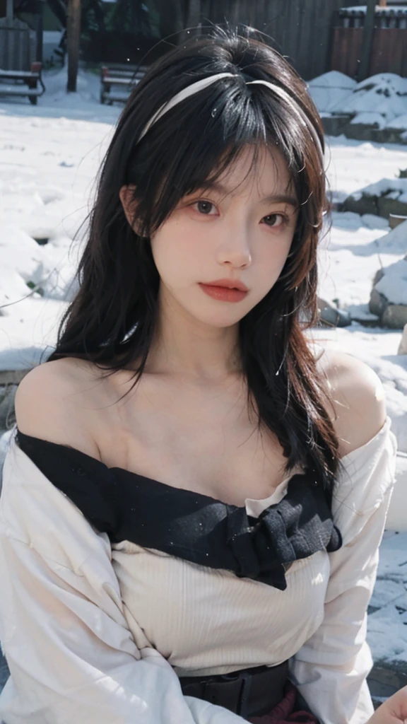 Portrait photography,1 girl,Snow Scene,Snowing background,Thickened cup strapless outer expansion underwear for women with small chest, gathered, non-slip and large, 6cm front buckle, wrapped chest, flat chest, tube top ,(whole body:1.4),Lipstick,(Big Breasts:1.6),Headband,serene,calm,(Realistic and detailed eyes,Natural skin texture,Realistic facial details),