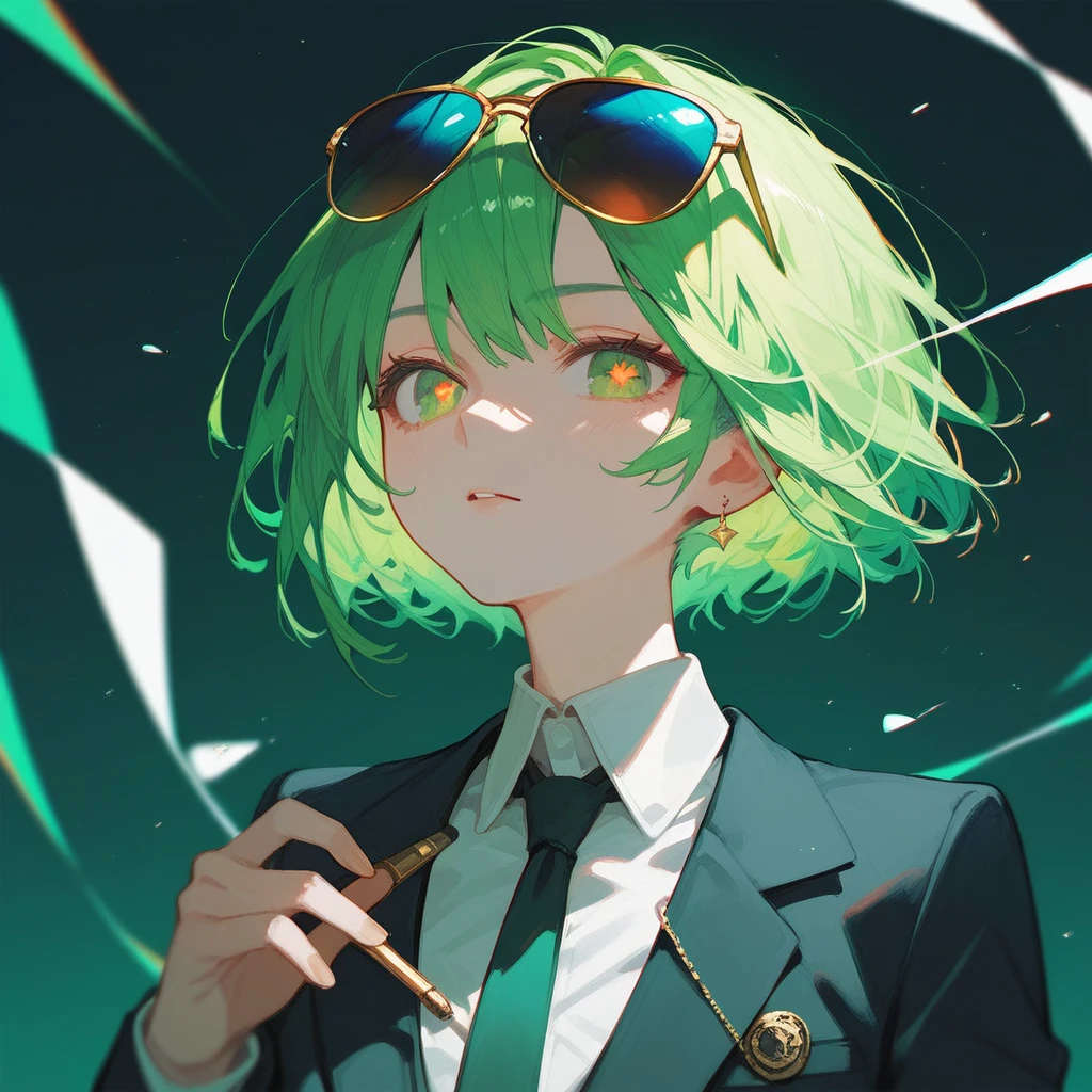 Short hair girl,Green Hair,Golden pupils,Suit,sunglasses