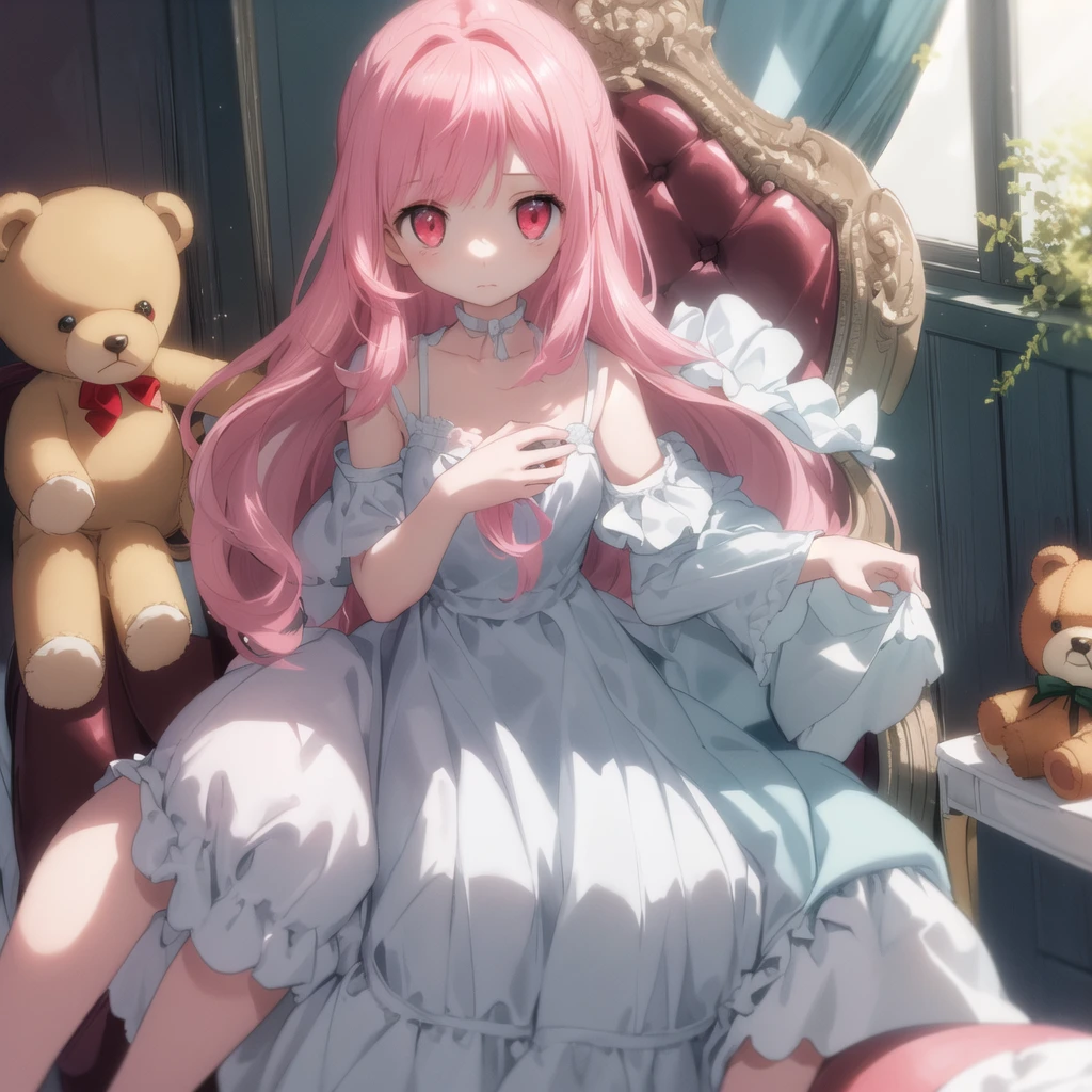 absurderes, high resolution, (anime styling:1.1), ((tabletop)), ((best qualityer)), (ultra detali), (comely), standing alone, comely face、(lift),12 year old、Your own beautiful room、pink wallpaper、Lots of stuffed animals lined up.、(beautiful girl sitting on a chair:1.6)、Bright Pink Colored Hair, eerie glowing red eyes,looking ahead at viewer,Lens flare,Dramatic,(There is a teddy bear:1.2)、Esbian full body、Full of detailed teddy bears、There are many cute teddy bears that come to the girl
