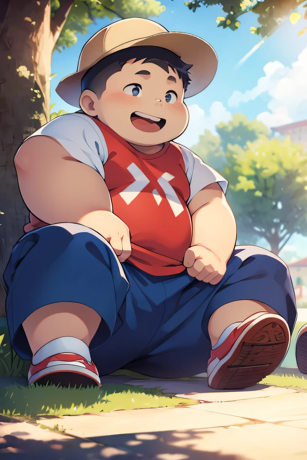 fat Boy，cute，In the park，Happy sunny day，Shorts and T-shirt，overweight，