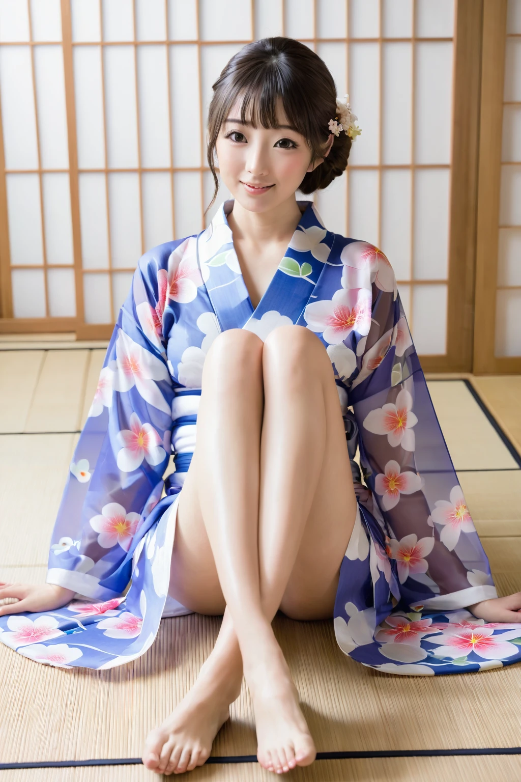 Wearing a transparent yukata、Woman sitting with legs spread