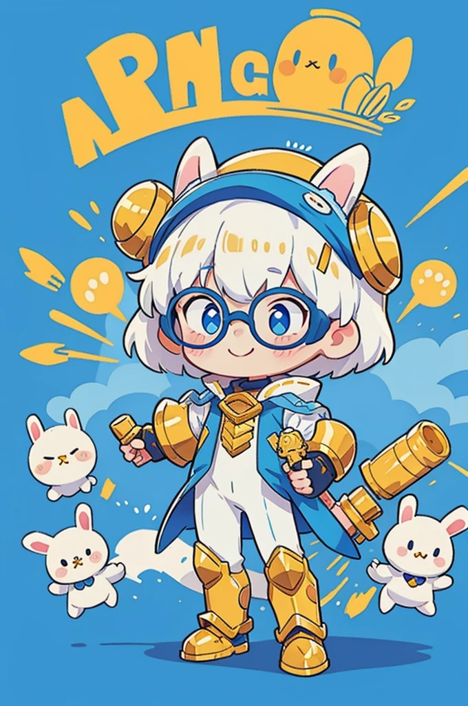 A boy with striking white hair、The bunny ears are very big、Golden armor、Siamese、Smile、Mechanical blue glasses and clothing、Center the character,Background white