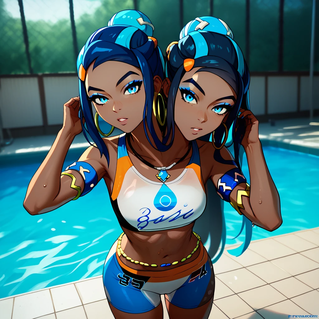 Talking, Conjoined, two heads, score_9, score_8_up, score_7_up,  EPpkNessa,, blue eyes, black hair, blue hair, streaked hair, single hair bun, dark skin, dark-skinned female,, swimsuit, sportswear, blue eyeshadow, makeup, bike shorts, belly chain, navel, jewelry, hoop earrings, midriff, necklace, bikini, crop top, armlet, swimming, looking at viewer, swimming pool