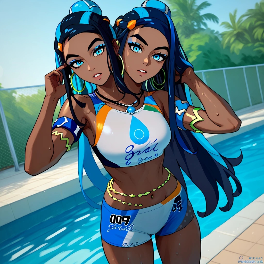 Talking, Conjoined, two heads, score_9, score_8_up, score_7_up,  EPpkNessa,, blue eyes, black hair, blue hair, streaked hair, single hair bun, dark skin, dark-skinned female,, swimsuit, sportswear, blue eyeshadow, makeup, bike shorts, belly chain, navel, jewelry, hoop earrings, midriff, necklace, bikini, crop top, armlet, swimming, looking at viewer, swimming pool