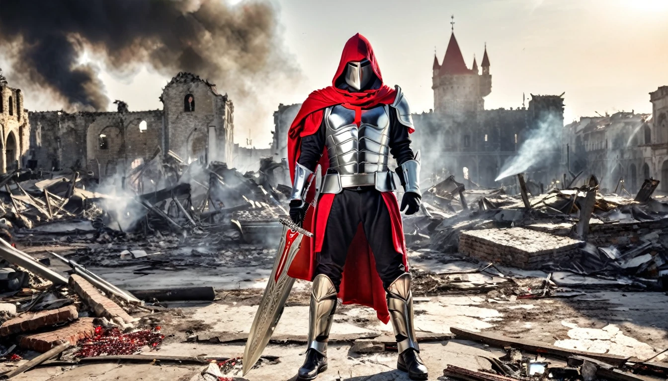 hdr, best 24k image, with shining armor a templar soldier, sword, with red hood, in front of a destroyed city, ruins fire, smoke, clear day