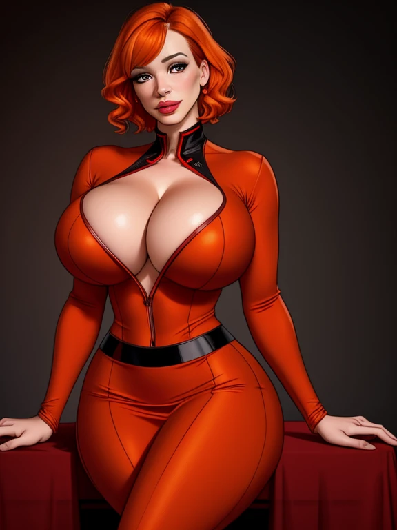 high quality,resolution:8k,realistic,Christina Hendricks,48 year old woman,orange hair,short hair,beautiful detailed eyes,beautiful detailed lips,red suit,tight black pencil skirt,high heels,vivid colors,portraits,studio lighting
