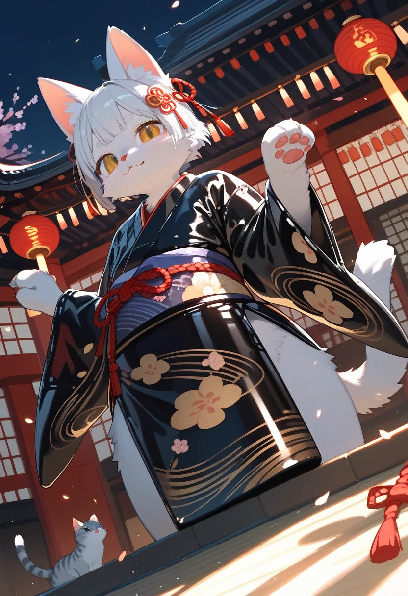 Highest quality, Highest quality, High quality illustrations, masterpiece, Ultra-high resolution, Detailed Background, Kyoto, Festivals, Absurd, Perfect Anatomy, performance, Good lighting, Shadows in the movies(kemono, Furry PersonifiCation), Cat, kimono, latex, rubber, Dynamic Angle