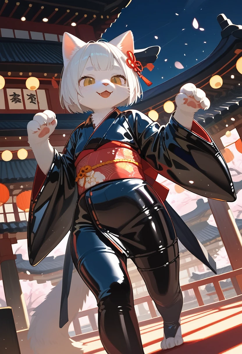 Highest quality, Highest quality, High quality illustrations, masterpiece, Ultra-high resolution, Detailed Background, Kyoto, Festivals, Absurd, Perfect Anatomy, performance, Good lighting, Shadows in the movies(kemono, Furry PersonifiCation), Cat, kimono, latex, rubber, Dynamic Angle