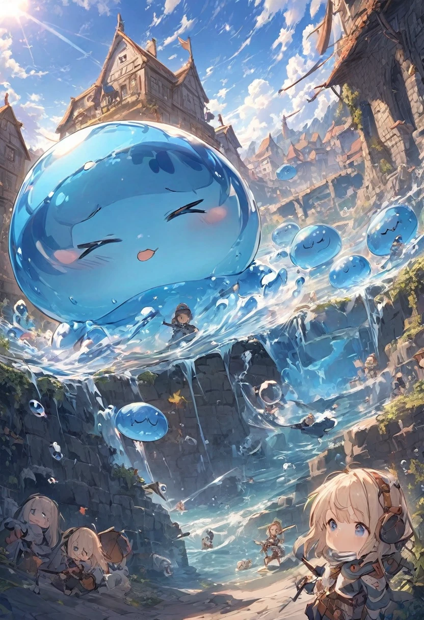 A small swordsman riding a blue slime, Dungeons、Clear blue sky、adventure、Fisheye Lens、SLR、Feel the depth、Fun Expressions、Gazing into the distance