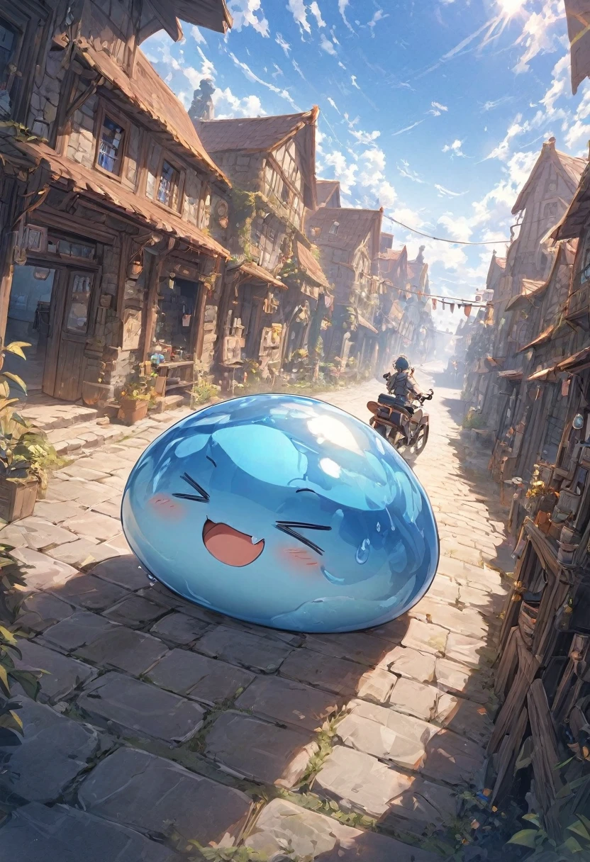 A small swordsman riding a blue slime, Dungeons、Clear blue sky、adventure、Fisheye Lens、SLR、Feel the depth、Fun Expressions、Gazing into the distance