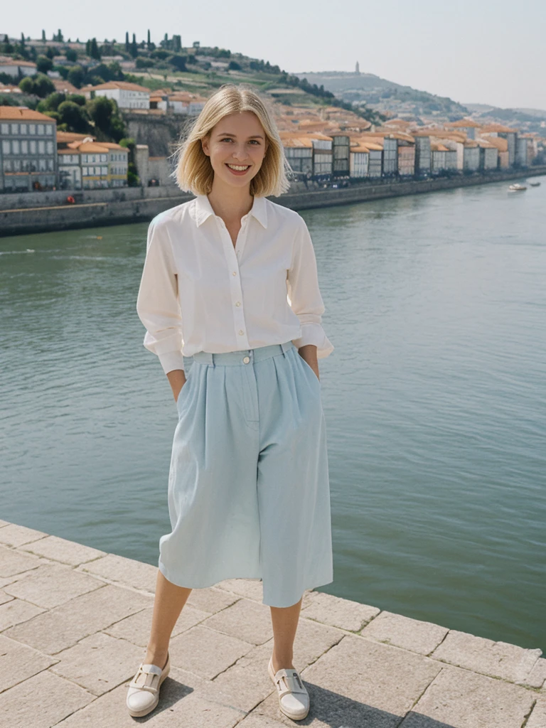 her name is Amelie, high quality, 1girl, ((25-year-old fit Caucasian woman)), ((25 years old)), ((SLIM)), ((Loose Chignon blonde hair)), smiling, pose: standing, wearing Refined Trendsetting Generation-Z modern wear pastel colored, BACKGROUND: "Walking along the Ribeira district, with its narrow streets, historic buildings, and views of the Douro River."