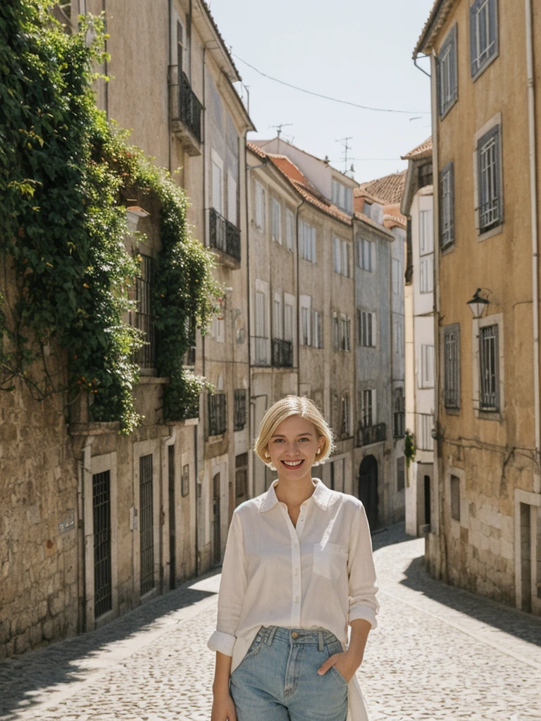 her name is Amelie, high quality, 1girl, ((25-year-old fit Caucasian woman)), ((25 years old)), ((SLIM)), ((Loose Chignon blonde hair)), smiling, pose: standing, wearing Refined Trendsetting Generation-Z modern wear pastel colored, BACKGROUND: "Walking along the Ribeira district, with its narrow streets, historic buildings, and views of the Douro River."