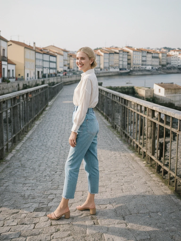 her name is Amelie, high quality, 1girl, ((25-year-old fit Caucasian woman)), ((25 years old)), ((SLIM)), ((Loose Chignon blonde hair)), smiling, pose: standing, wearing Refined Trendsetting Generation-Z modern wear pastel colored, BACKGROUND: "Walking along the Ribeira district, with its narrow streets, historic buildings, and views of the Douro River."