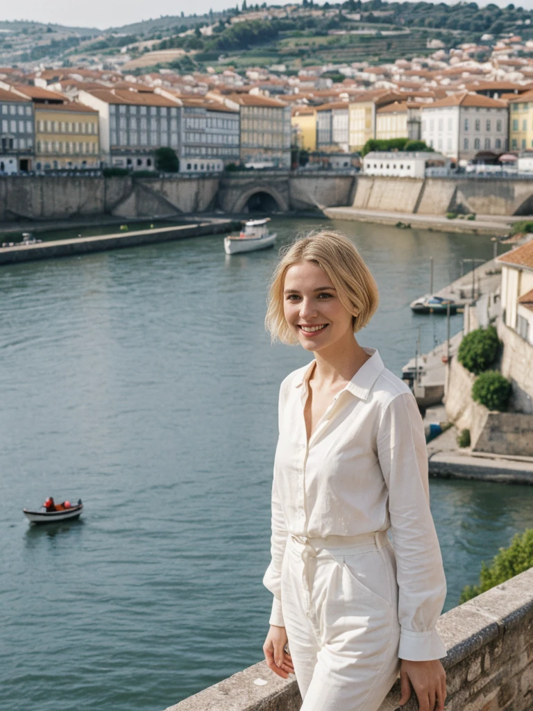 her name is Amelie, high quality, 1girl, ((25-year-old fit Caucasian woman)), ((25 years old)), ((SLIM)), ((Loose Chignon blonde hair)), smiling, pose: standing, wearing Refined Trendsetting Generation-Z modern wear pastel colored, BACKGROUND:  "Walking along the Ribeira district, with its narrow streets, historic buildings, and views of the Douro River."