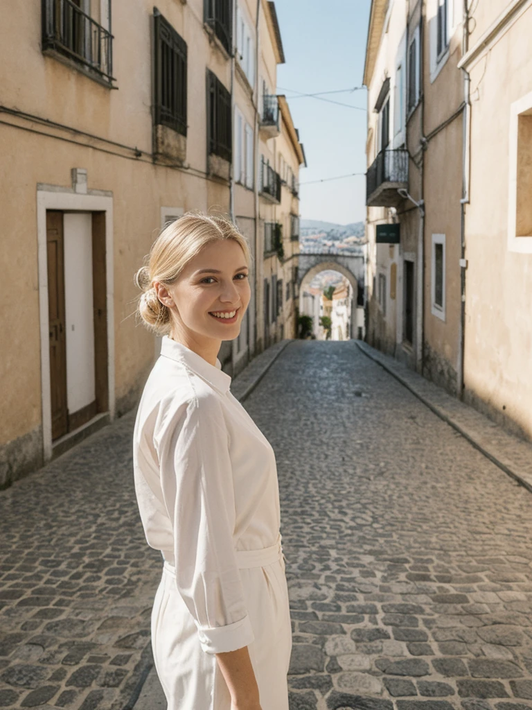 her name is Amelie, high quality, 1girl, ((25-year-old fit Caucasian woman)), ((25 years old)), ((SLIM)), ((Loose Chignon blonde hair)), smiling, pose: standing, wearing Refined Trendsetting Generation-Z modern wear pastel colored, BACKGROUND: "Walking along the Ribeira district, with its narrow streets, historic buildings, and views of the Douro River."